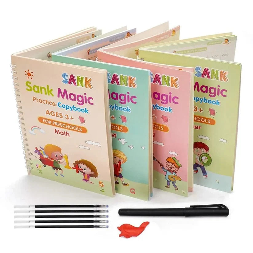 For Kids Ages 3+ | Reusable Magic Practice Copybook (Alphabet, Numbers, Math & Drawing) – Pack of 4 |
