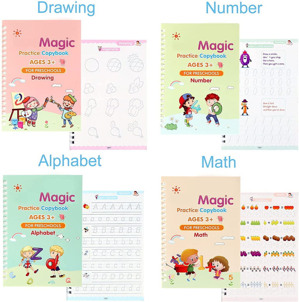 For Kids Ages 3+ | Reusable Magic Practice Copybook (Alphabet, Numbers, Math & Drawing) – Pack of 4 |