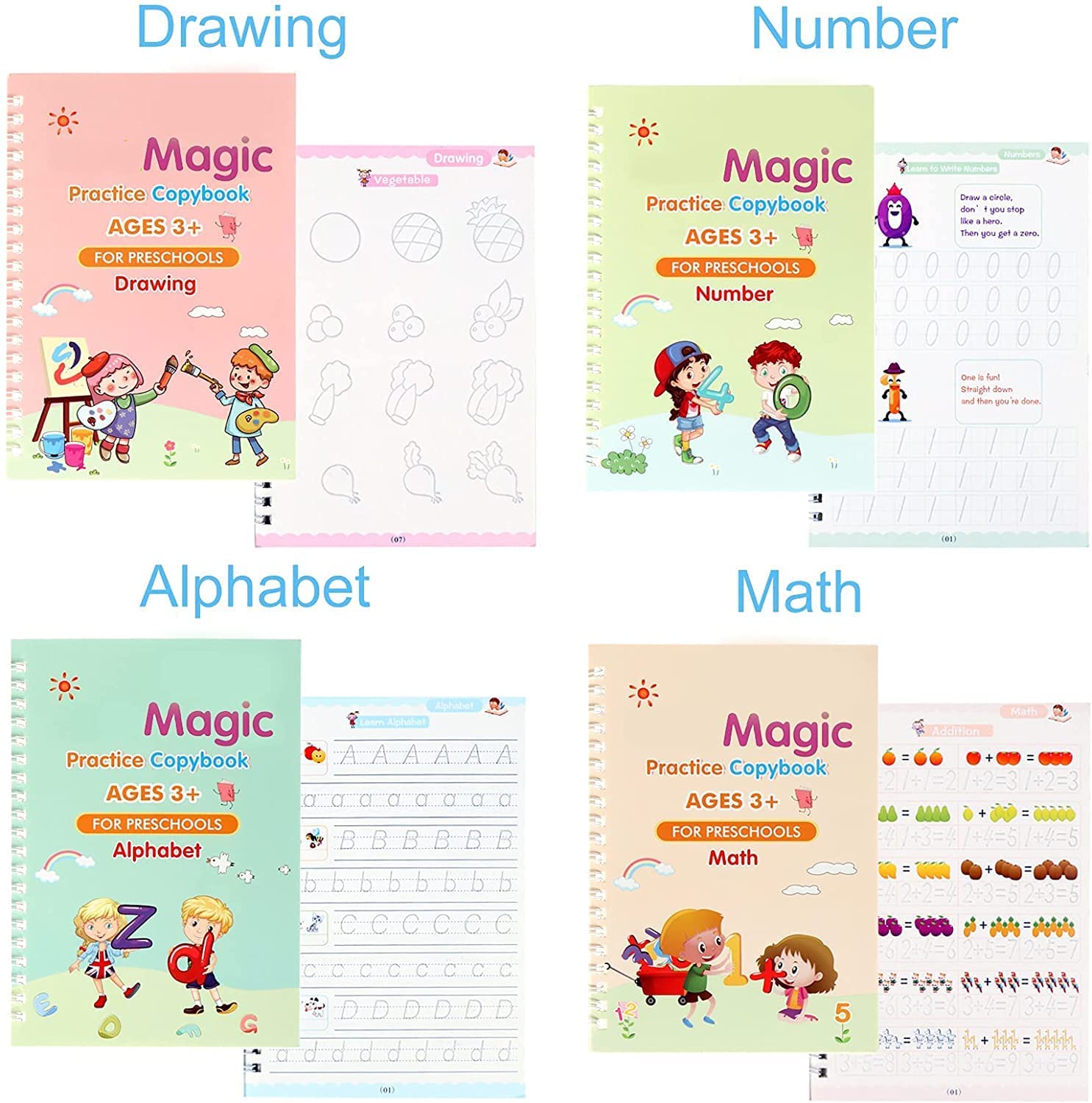 For Kids Ages 3+ | Reusable Magic Practice Copybook (Alphabet, Numbers, Math & Drawing) – Pack of 4 |