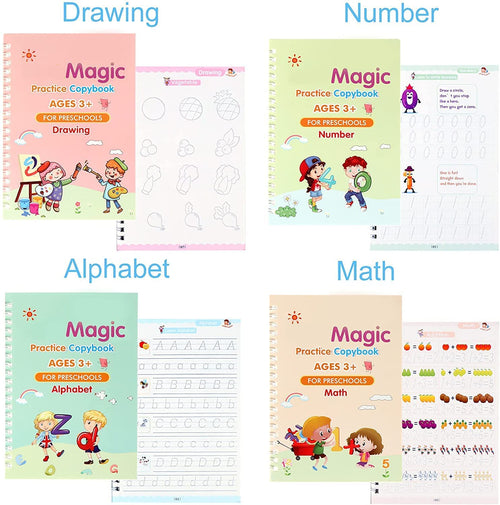 For Kids Ages 3+ | Reusable Magic Practice Copybook (Alphabet, Numbers, Math & Drawing) – Pack of 4 |